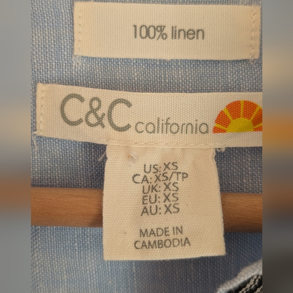 C&C CALIFORNIA Blue Linen Roll Tab Sleeve Contrast Inner Line Shirt Dress Sz XS - Picture 4 of 11
